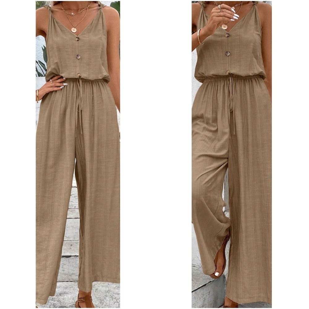 Solid Button Detail Wide Leg Casual Jumpsuit - image 1